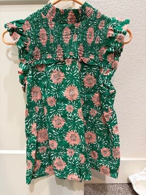 THML Green Floral Smocked Ruffle Cap-Sleeve Blouse Small